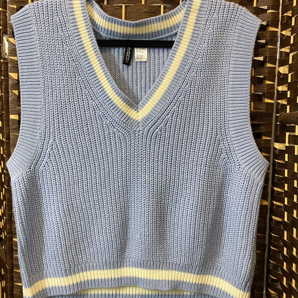 H&M Light Blue V-Neck Knit Sweater Vest with Yellow Trim